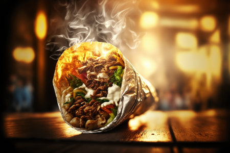 Shawarma, burrito wrap with vegetables and chicken. AI Generatedの素材