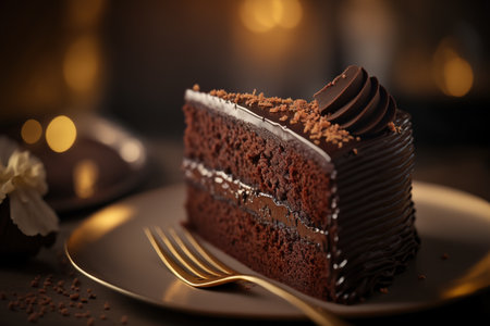 Chocolate cake slice on a dark background. AI Generatedの素材