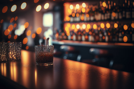Bar counter with empty space, blurred background. AI Generatedの素材