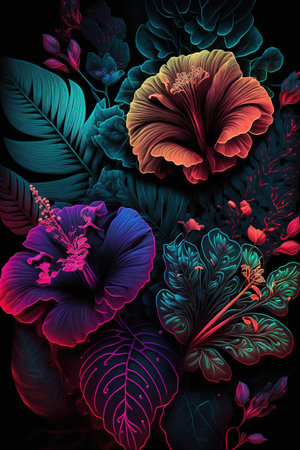 Neon tropical flowers and leaves, dark backgroundの素材