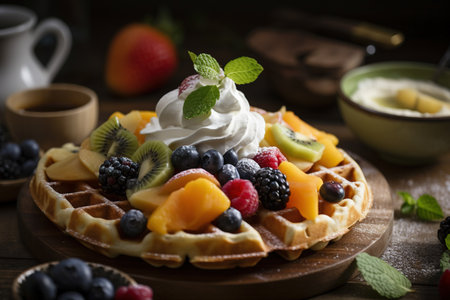 Sweet homemade belgian waffle with whipped cream and fruitsの素材