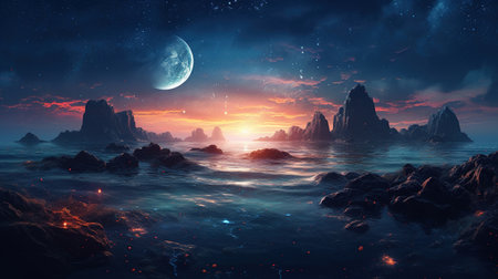 Fantasy landscape with stars, planets and seaの素材