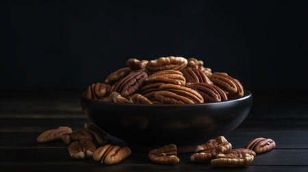 Pecan nuts in a bowl on a dark backgroundの素材