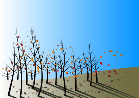 Autumn leaves fall and are stirred by the wind on a clear blue dayのイラスト素材