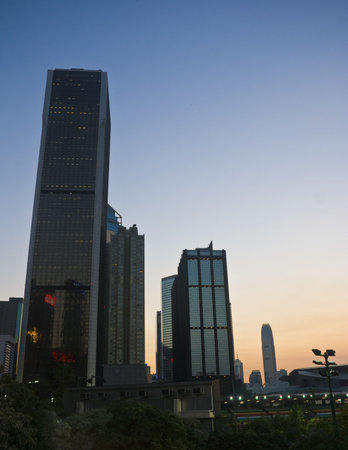 Hong Kong City Office Buildings in Wan Chai at sunset as night falls.
