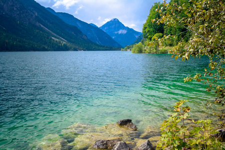 Plansee Alps mountain lake summer overcast day view, Tyrol, Austria.の写真素材