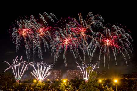 Red Fireworks light up the skyの写真素材