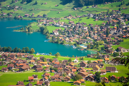 Lungern Village and Lake, Switzerland, Europeの写真素材