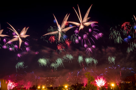 Red Fireworks light up the skyの写真素材