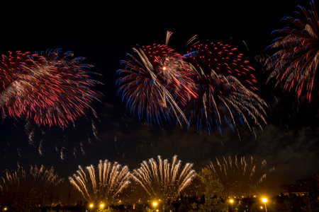 Red Fireworks light up the skyの写真素材