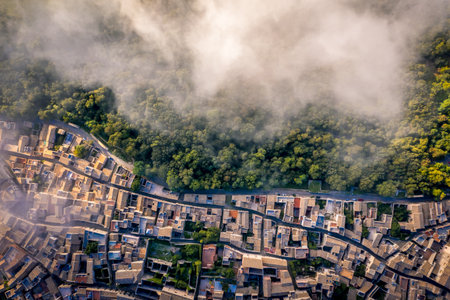 aerial view from clouds of town Erice in province of Trapani in Sicily Italyの写真素材