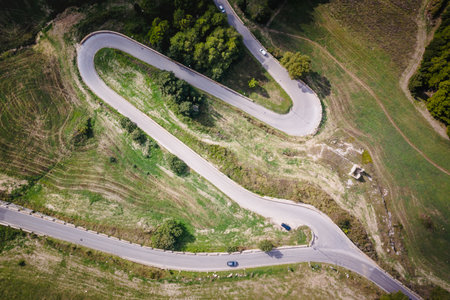 Aerial view of a road with cars near town Erice. Sicily, Italyの写真素材