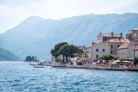 PERAST, MONTENEGRO - JULY 8, 2019: View of Perast city from sea sideのeditorial素材