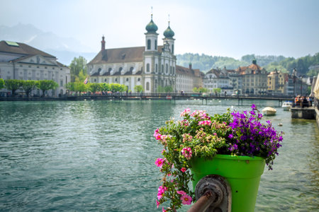 Famous Chapel bridge in Lucerne in a beautiful summer day, Switzerlandの写真素材