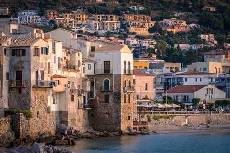 Cefalu, Sicily - October 10 2019: View over Cefalu bay on italian island Sicily with lots of people on the beachのeditorial素材