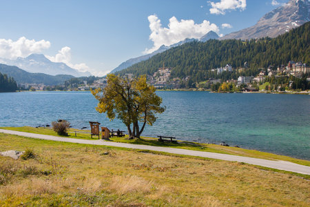 Saint Moritz town and lake in a sunny summer day in Switzerland