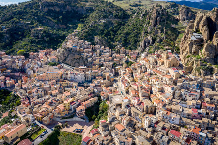Aerial view of Mountainous Sicilian town Gagliano Castelferrato, Italyの写真素材