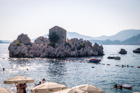 PRZNO, MONTENEGRO - JULY 04, 2019: Popular tourist place with the sand beachのeditorial素材