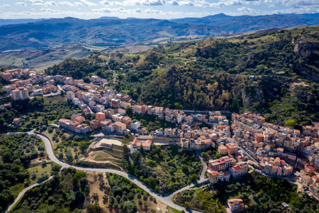 Aerial view of Mountainous Sicilian town Gagliano Castelferrato, Italyの写真素材