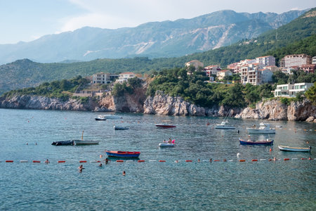 PRZNO, MONTENEGRO - JULY 04, 2019: Popular tourist place with the sand beachのeditorial素材