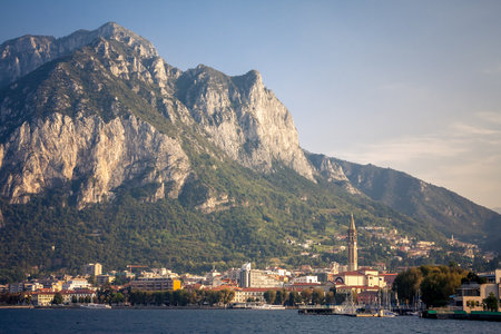Lecco Lake in Italy in autumnの写真素材
