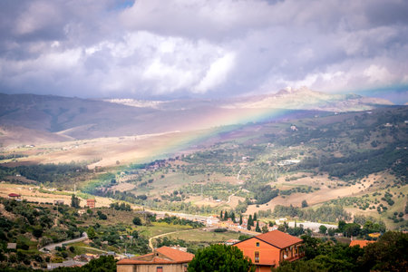 Landscape with old houses of Mountainous Sicilian town Gagliano Castelferrato, Italyの写真素材