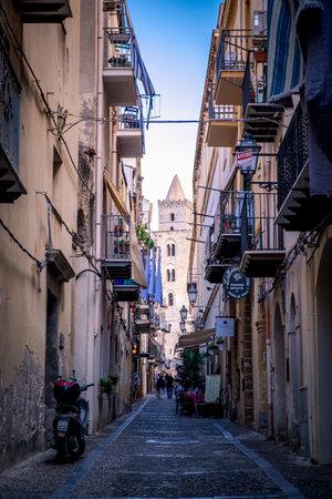 CEFALU, ITALY - October 03, 2019: Old town street with balconies and clothesのeditorial素材