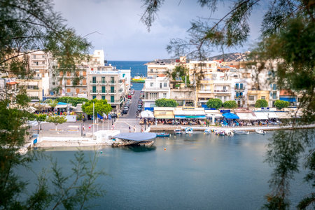 AGIOS NIKOLAOS, GREECE - JULY 24, 2018: Aerial view to Agios Nikolaos, town on Crete island in Greece.のeditorial素材