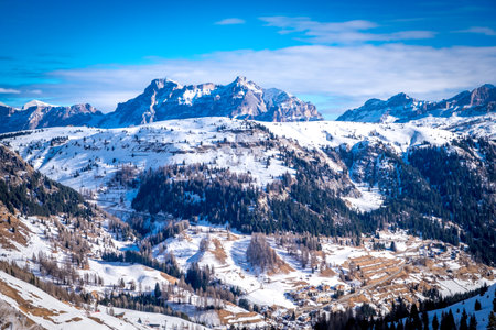 View of coniferous forest and mountains from a chair lift on a sunny winter day. Ski resort Arabba in Dolomites mountains. Passo Pordoi pass. , Italyの写真素材