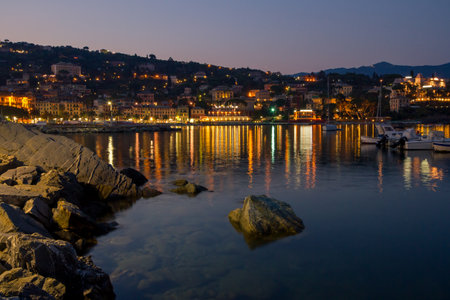 Santa Margherita Ligure night cityscape. The italian Riviera near Portofino, a coastal city on the Italian Riviera in the Italian region of Liguria.の写真素材