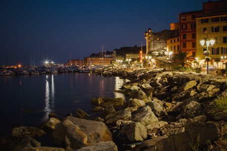 Santa Margherita Ligure night cityscape. The italian Riviera near Portofino, a coastal city on the Italian Riviera in the Italian region of Liguria.の写真素材