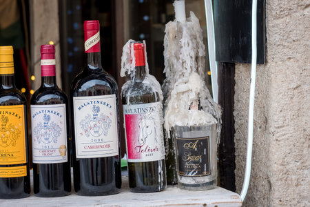 SZENTENDRE, HUNGARY: APRIL 30, 2019: Wine bottles at the centre of Szentendreのeditorial素材