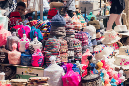 MARRAKESH, MOROCCO - APRIL 10, 2019: Traditional hats in a market of medina of Marrakeshのeditorial素材