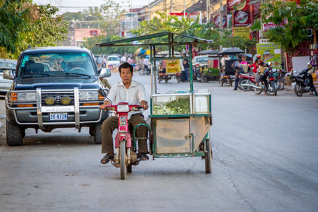 SIEMREAP, CAMBODIA - MARCH 13 2013: The local people drive on the roadのeditorial素材