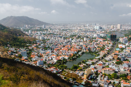 Birds eye view of Vung Tau city from statue of Jesus on Tao Phung mountain, Vung Tau beach city, SoundVietnam.のeditorial素材