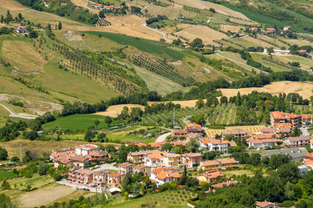 Panorama of Republic of San Marino and Italy from Monte Titano, City of San Marino. City of San Marino is capital city of Republic of San Marino located on Italian peninsula, near Adriatic Sea.の写真素材