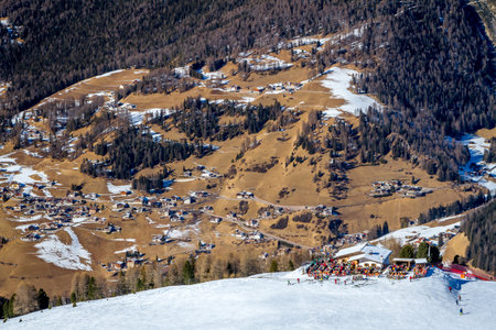View of Dolomites Mountains in Italy. Ski area Val Gardena. Canazei, Italyの写真素材
