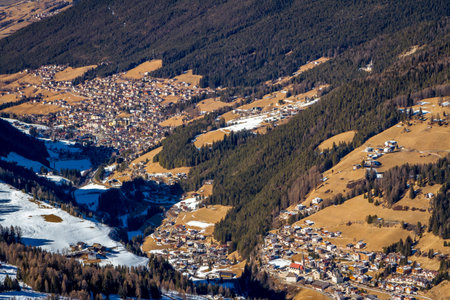 View of Dolomites Mountains in Italy. Ski area Val Gardena. Canazei, Italyの写真素材