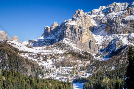 View of Dolomites Mountains in Italy. Ski area Belvedere. Canazei, Italyの写真素材