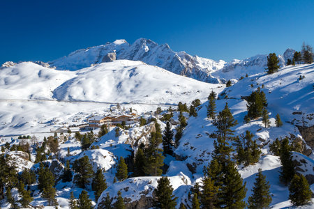 View of Dolomites Mountains in Italy. Ski area Belvedere. Canazei, Italyの写真素材