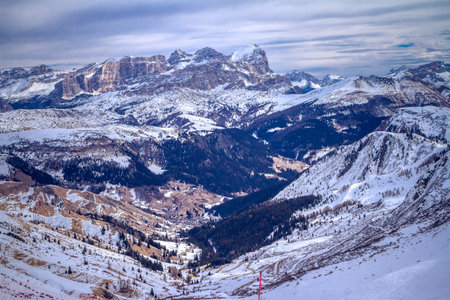 View of Dolomites Mountains in Italy. Ski area Belvedere. Canazei, Italyの写真素材