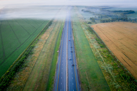 Highway going through meadow in mist surrounded by forest. Aerial view of a road covered in fog.