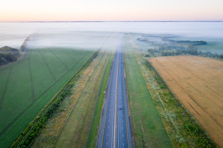 Highway going through meadow in mist surrounded by forest. Aerial view of a road covered in fog.の写真素材