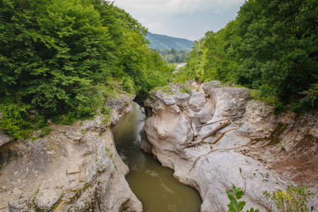Rough river Belaya in Khadzhokhsky gorge, summer. Russia, the Republic of Adygea.の写真素材