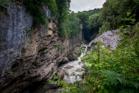 Rough river Belaya in Khadzhokhsky gorge, summer. Russia, the Republic of Adygea.の写真素材