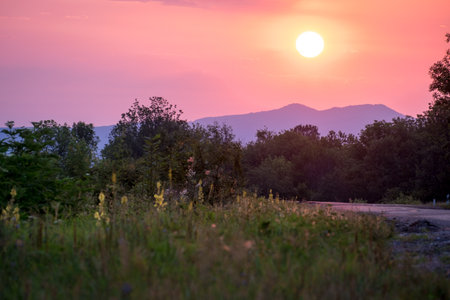 the sun rises against the background of the mountains. Green grass and a road stretching into the distance.の写真素材