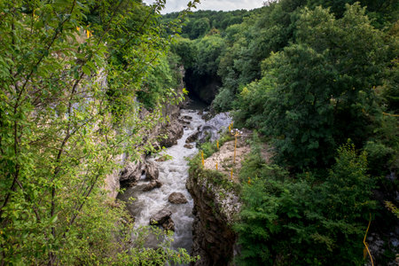 Rough river Belaya in Khadzhokhsky gorge, summer. Russia, the Republic of Adygea.の写真素材