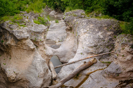 Rough river Belaya in Khadzhokhsky gorge, summer. Russia, the Republic of Adygea.の写真素材