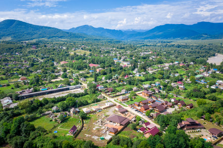 Aerial view to the village of Dakhovskaya, Adygea, Russiaの写真素材