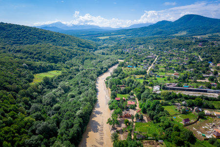 Aerial view to the village of Dakhovskaya, Adygea, Russiaの写真素材